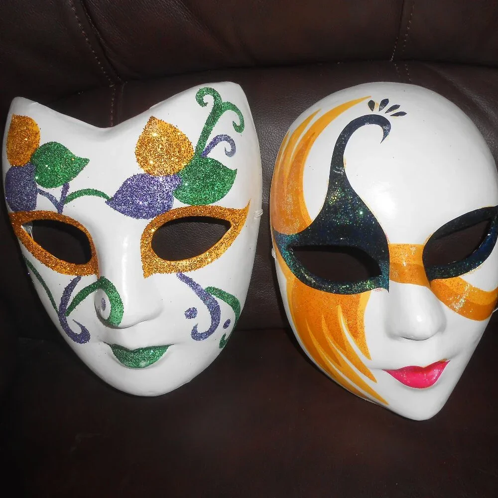 LOT 2 NEW PAPER MACHE GLITTER HALLOWEEN MARDI GRA MASKS FULL FACE ADULT